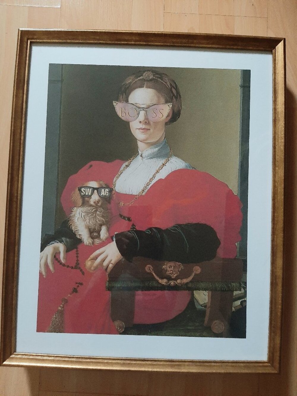 LARGE WHIMSICAL ART PRINT in gold wood frame. Humorous take on Lady in Red